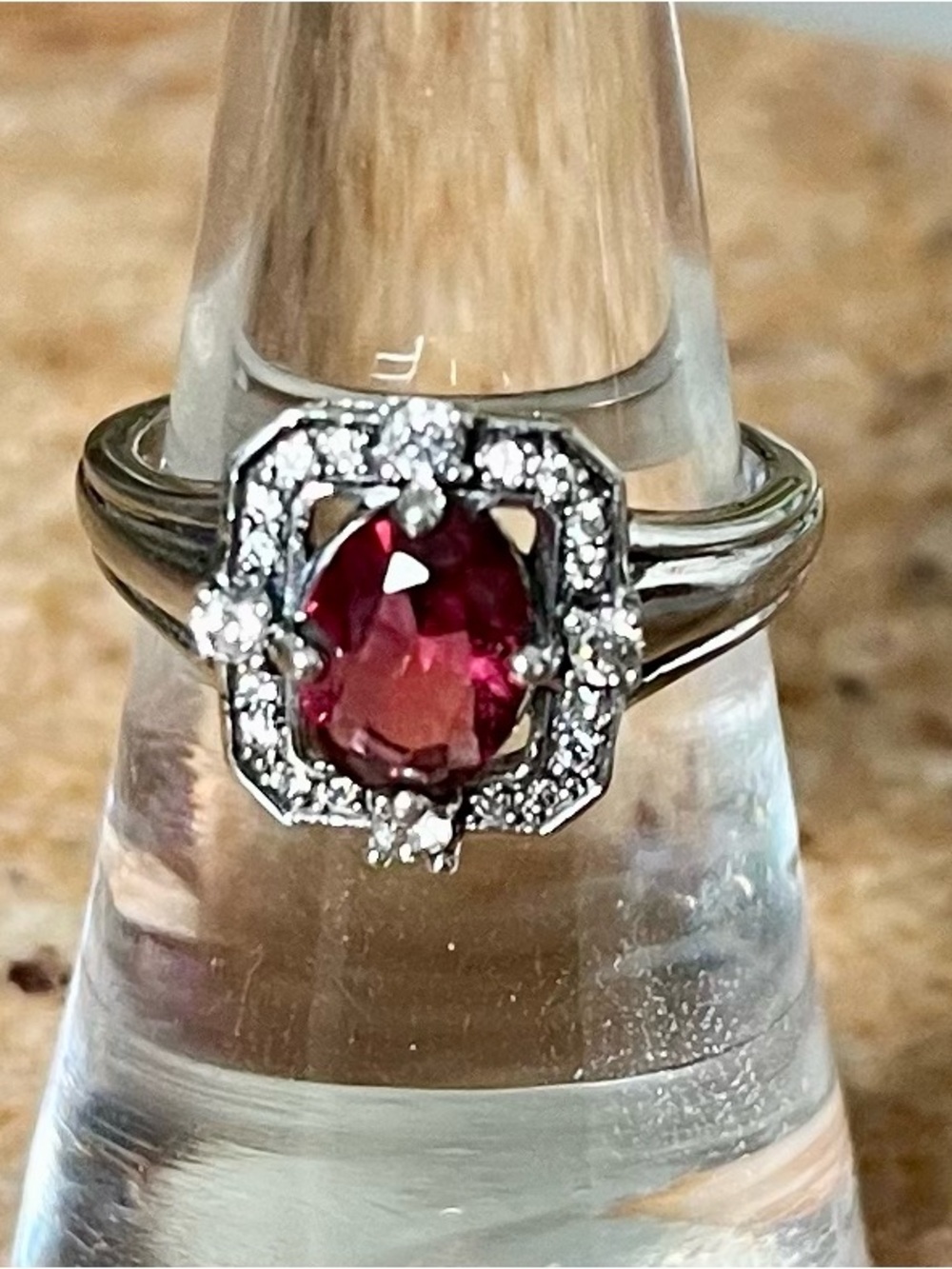 BP RETRO Elegant Rhodium Ring with Ruby & White Topaz Oval Gem and Diamond Halo